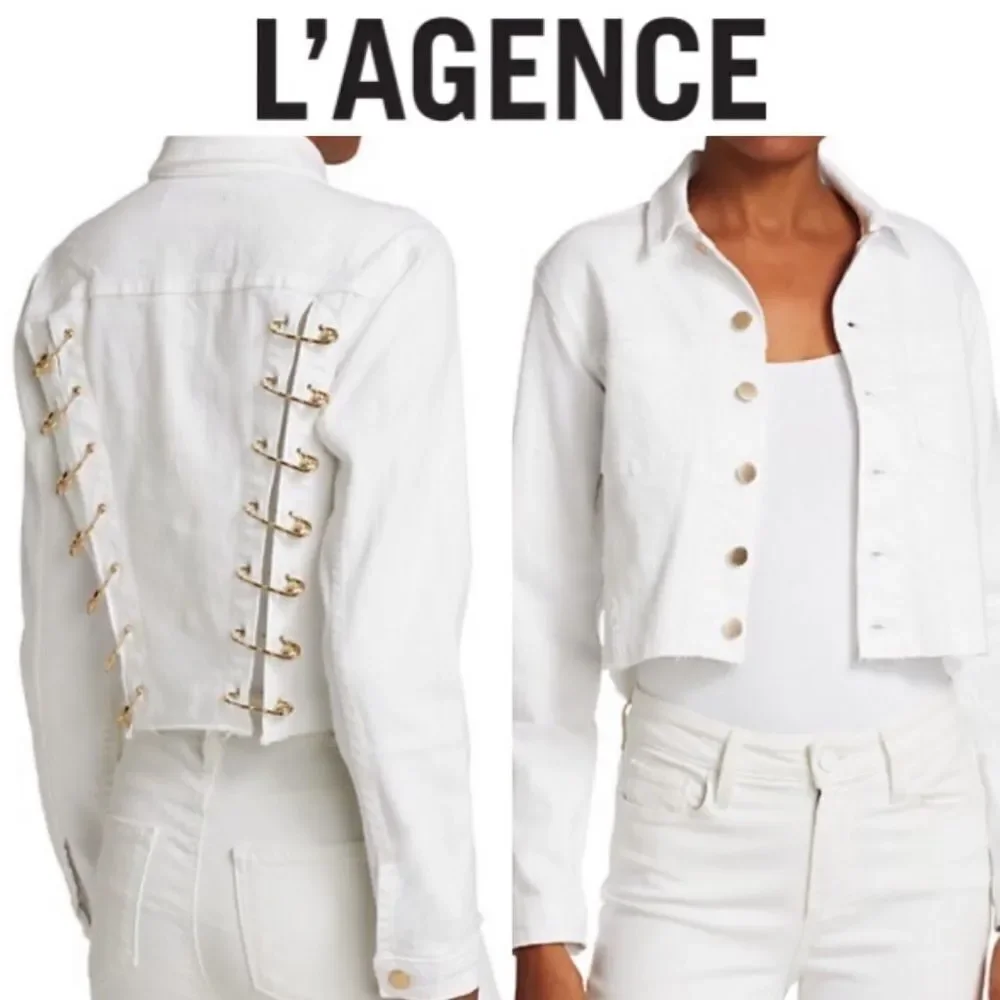 🔥 🧷 NWT L’AGENCE ARIA SAFETY PIN CROPPED DENIM JEAN JACKET - Picture 1 of 13